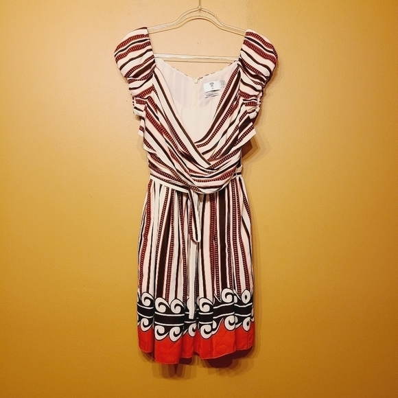 Anna Sui | Women's Mixed Print V-Neck Striped Mini Dress (Size Large) - Picture 2 of 14